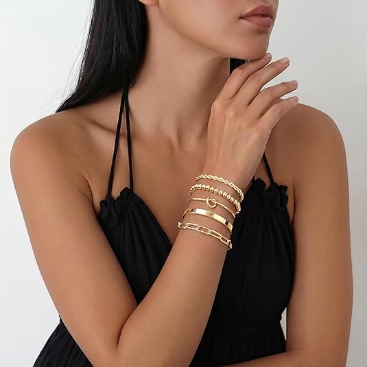 Gokeey Gold Bracelets Set for Women Non Tarnish, Waterproof 14K Gold Plated stainless steel Chunky Cuff Bracelet Stackable Gold Bangles