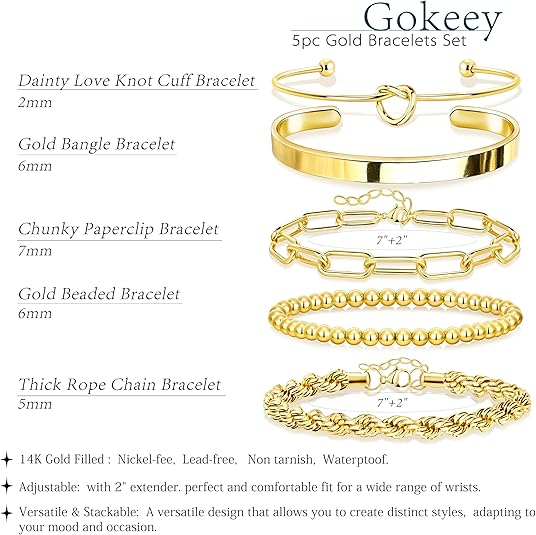 Gokeey Gold Bracelets Set for Women Non Tarnish, Waterproof 14K Gold Plated stainless steel Chunky Cuff Bracelet Stackable Gold Bangles