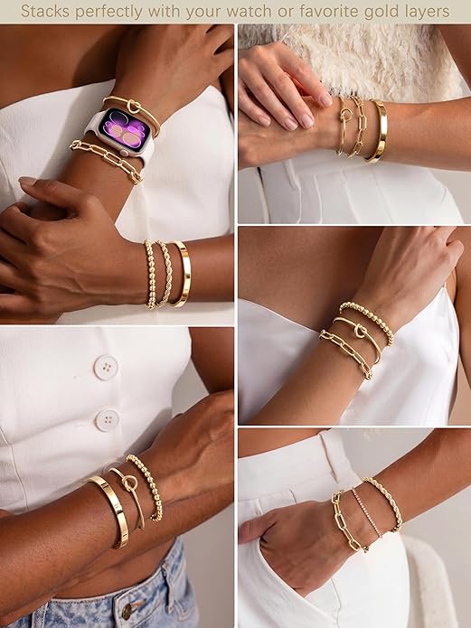 Gokeey Gold Bracelets Set for Women Non Tarnish, Waterproof 14K Gold Plated stainless steel Chunky Cuff Bracelet Stackable Gold Bangles